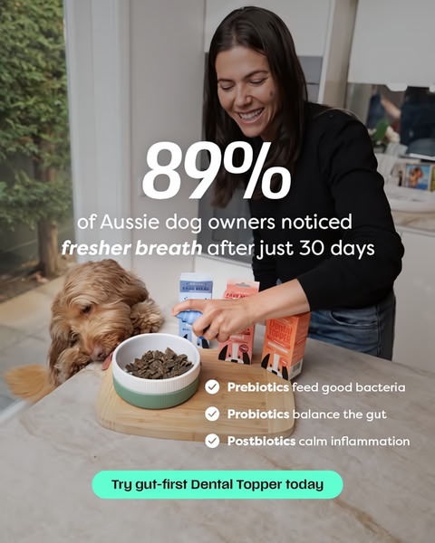 This ad creative uses a high-converting statistic to validate product effectiveness for pet dental health while showing the product in action.